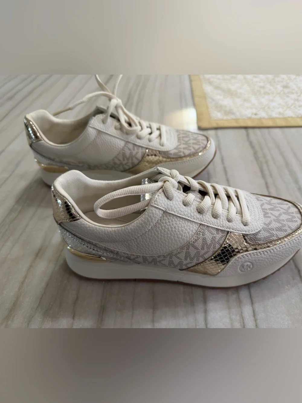 Michael Kors Cream Logo Low-Top Sneakers with Gold Accents
